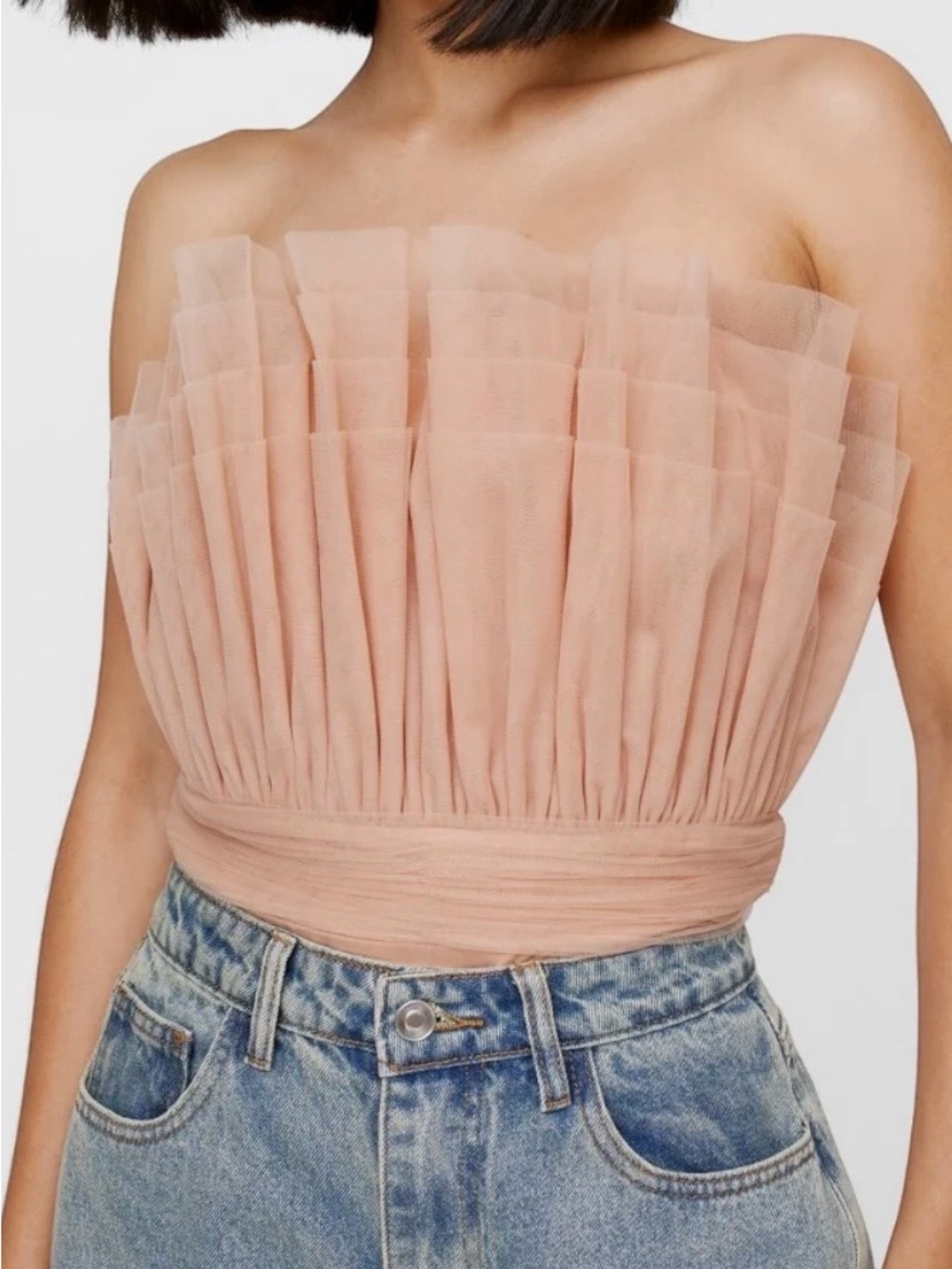 Nasty Gal Plus Strapless Pleated Tulle bodysuit in Blush Pink